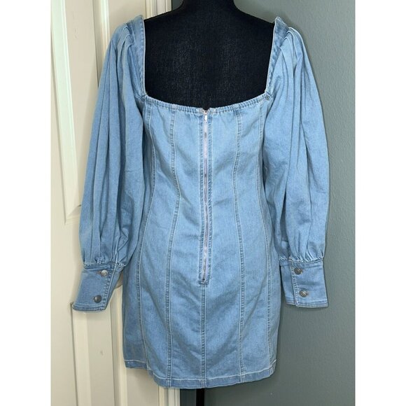 Nichole Lynel Denim Off Shoulder Sweetheart Neckline Puff Sleeve Mini Dress NWT - Picture 3 of 14